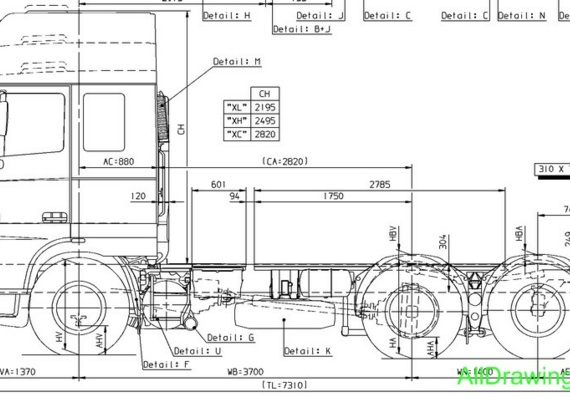 DAF XF 95 (2002) чертежи (рисунки) грузовика